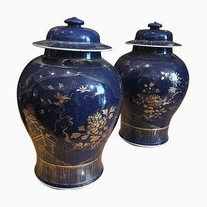 18th Century Chinese Powder Blue Gilt Decorated Jars, Set of 2