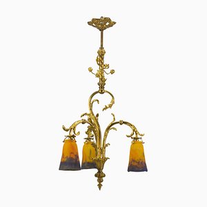Französischer Belle Epoque Kronleuchter aus vergoldetem Bronzeglas mit drei Leuchten von Muller Frères