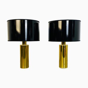 Mid-Century Italian Modern Brass Table Lamps with Cylindrical Lampshade, 1970s, Set of 2