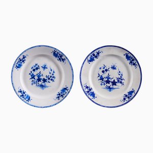 Assiettes en Faïencerie Blanches avec Décorations Bleu Indigo, Set de 2