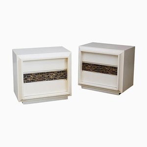 White Wood and Brass Sculptural Bedside Table by Luciano Frigerio, Set of 2