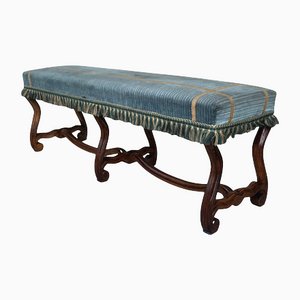 French Provincial Louis XV Style Carved Walnut Upholstered Lyre Leg Bench