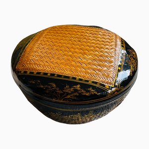 Chinese Black Lacquered Bamboo Basket or Box with Lid