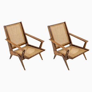 French Raw Oak and Cane Armchairs, 1950s, Set of 2