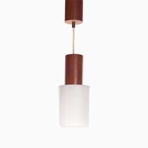 Vintage Hanging Lamp in Teak and Opal Glass by Louis Kalff for Philips, 1950s
