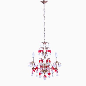 Vintage Chandelier with Transparent Ball Pendants and Red Leaves