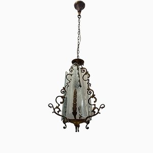 Italian Art Deco Bronze and Etched Glass Pendant Lamp