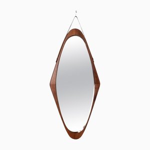Italian Mirror in Solid Teak, Leather and Brass, 1950s