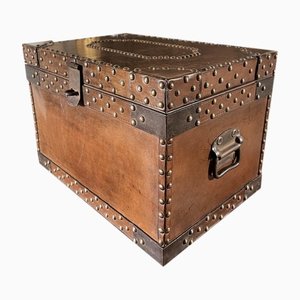Antique Studded Leather Bound Strong Box or Chest