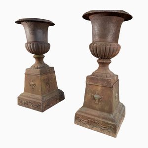 Large Antique Cast Iron Planter or Garden Urns, Set of 2