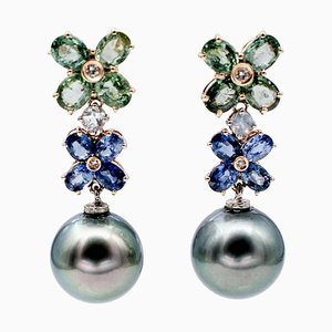 Blue and Green Sapphire & Diamonds 14kt Rose Gold Earrings with Grey Pearls