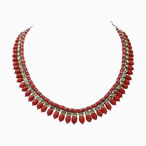 9 Karat Rose Gold and Silver Necklace with Coral & Diamonds