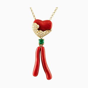 Gold Necklace & Coral Pendant with Diamonds and Emerald