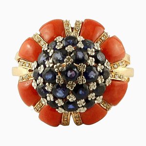 Coral 14k Yellow Gold Ring with Diamonds & Blue Sapphires