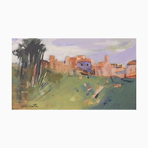 Postimpressionistische Landschaft mit Dorf, Öl auf Leinwand, gerahmt