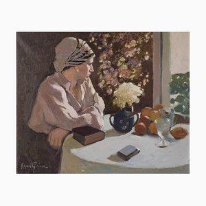 Rafael Griera, Ritratto di donna alla finestra, olio su tela, in cornice