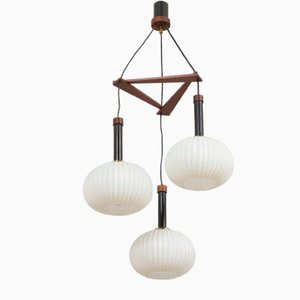 Ribbed Glass and Teak Pendant Lamp Attributed to Louis Kalff, 1960s