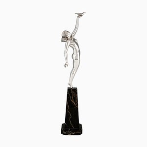 Pierre Le Faguays, Nu à la Colombe Message d'Amour, Sculpture Art Déco en Bronze