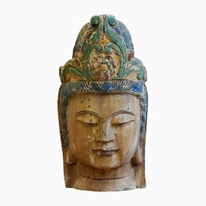 Large Wooden Buddha Head with Old Painting