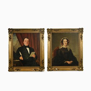 Charles-Gustave Housez, Portraits, 19th-Century, Oil on Canvas, Framed, Set of 2