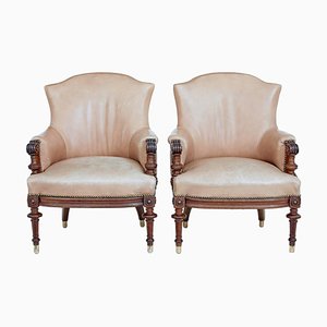 Late 19th Century Carved Walnut and Leather Armchairs, Set of 2