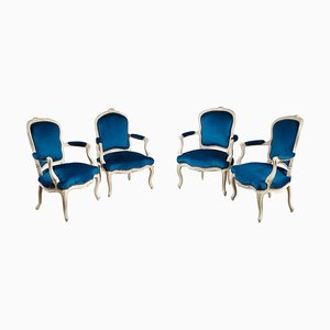 Fauteuils Louis XV en Velours Bleu Canard, Set de 4