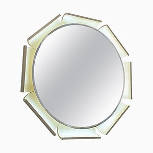 Mid-Century Italian White Cream Backlit Mirror with Octagonal Wood Frame, 1970s