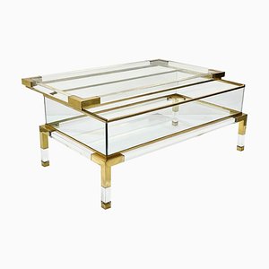French Acrylic Glass & Brass Coffee Table with Sliding Shelf from Maison Jansen, 1970s