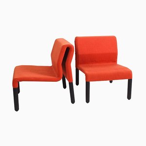 Mid-Century Italian Red Fabric and Black Plastic Armchairs, 1980s, Set of 2
