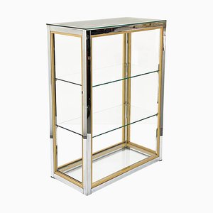 Italian Brass and Anodized Chrome Bookcase with Glass Shelves by Renato Zevi, 1970s