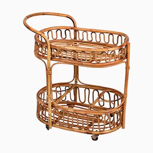Mid-Century Italian Bamboo and Rattan Oval Serving Bar Cart, 1960s