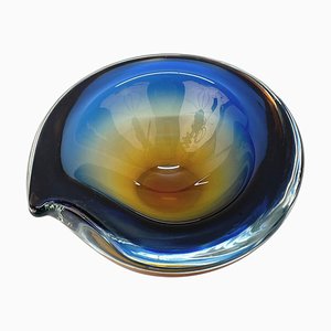 Submerged Murano Glass Ashtray or Bowl in Amber & Blue by Flavio Poli, Italy, 1960s