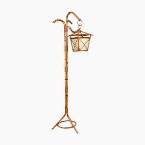 Lámpara de pie italiana Mid-Century de bambú y ratán con base trípode, años 50