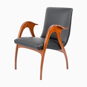 Fauteuil en Cuir Noir et Noyer par Malatesta & Mason, Italie, 1950s