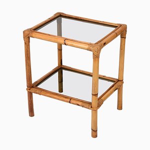 Mid-Century Smoked Glass and Bamboo Side Table, Italy, 1970s