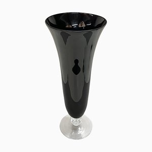 Große italienische Mid-Century Vase aus schwarzem Glas mit Kristallfuß, 1980er