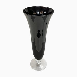 Large Mid-Century Italian Black Glass Artistic Vase with Crystal Base, 1980s