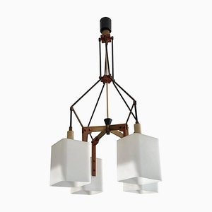 Lampadario in vetro opalino, ottone e teak, Italia, anni '60