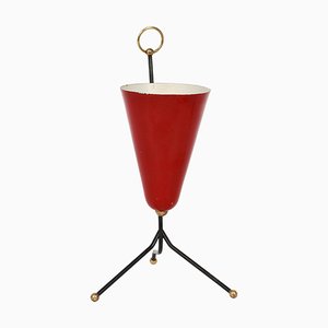 Italian Tripod Conical Red Lacquered Metal and Brass Table Lamp, 1950s