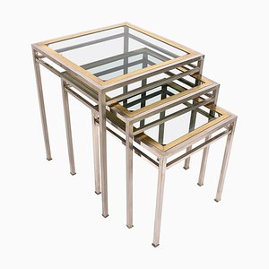 Mid-Century Extractable Metal, Brass and Smoked Glass Coffee Tables, Italy, 1970s, Set of 3
