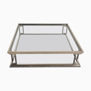 Italian Square Chromed Brass 2-Level Coffee Table with Glass Tops, 1970s