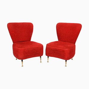 Italienische Rote Sessel aus Bouclé Wolle & Stoff mit Messingfüßen, 1950er, 2er Set