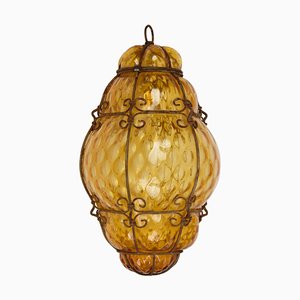 Lámpara colgante italiana Mid-Century de cristal de Murano soplado en ámbar de Seguso, años 40