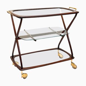 Mid-Century Italian Brass and Wood Oval Serivng Bar Cart by Cesare Lacca, 1950s