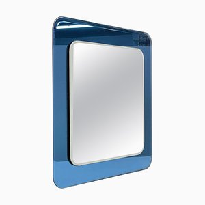 Specchio da parete quadrato Mid-Century con cornice in vetro blu di Cristal Arte, Italia, anni '60