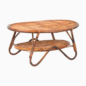 Table Basse Ovale Mid-Century en Rotin et Bambou, Italie, 1950s