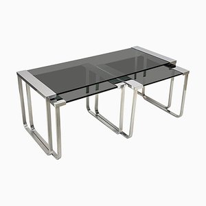 Mid-Century Italian Chromed Metal, Aluminum, Smoked Glass Nesting Tables, 1970s, Set of 3