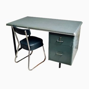 Industrial Moss Green Desk Work Table with Matching Chair, Set of 2