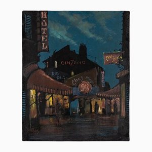 R. Marien, Pigalle in the Night, óleo sobre plato de madera, enmarcado