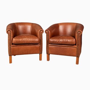 20th Century Dutch Sheepskin Leather Tub Chairs, Set of 2